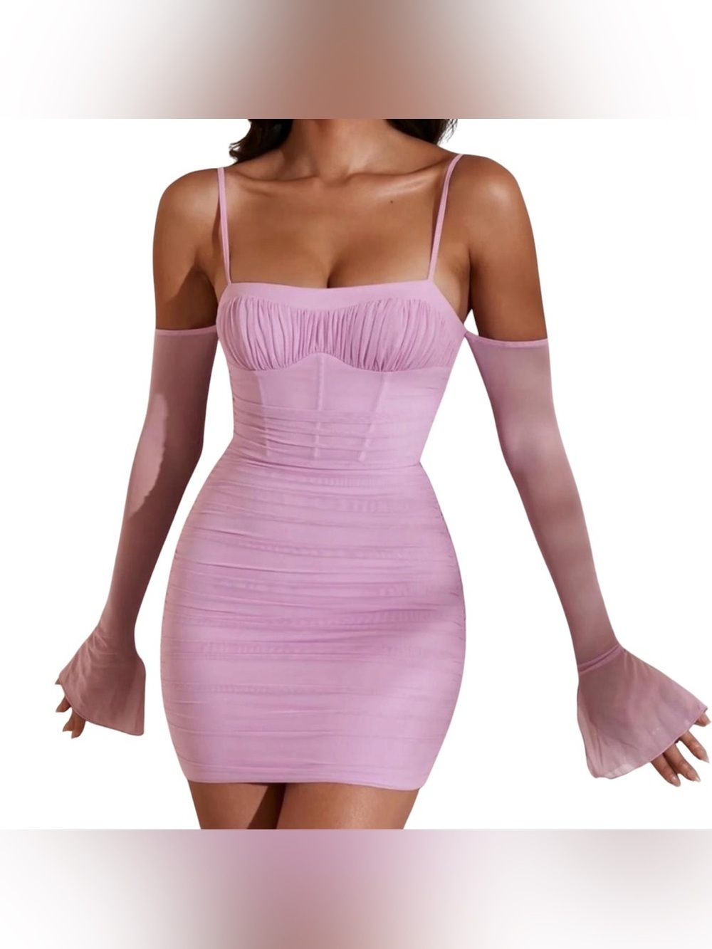 Oh Polly Pastel Lilac Ruched Bodycon Mini Dress with Sheer Long Sleeve